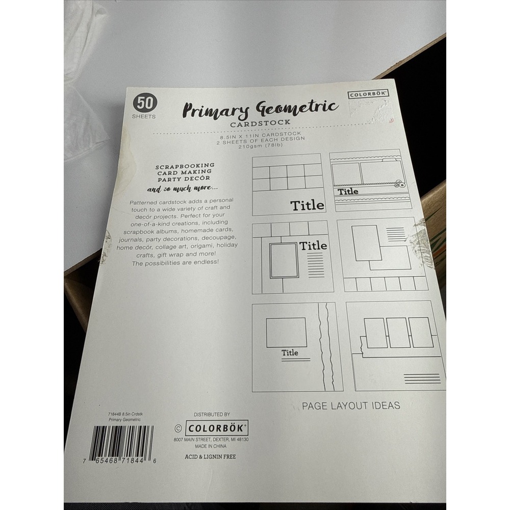 Colorbok Primary Geometric Cardstock 50 Sheets 8.5x11 210gsm Scrapbook Paper